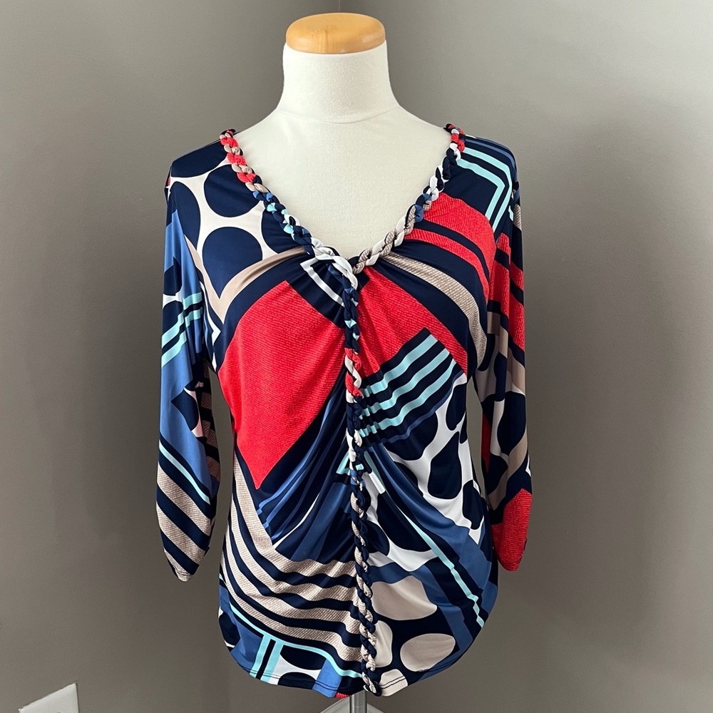 Style & Co. Petite Top Shirt Mixed Print Multi Color Braided Ruched Abst… - Picture 2 of 13